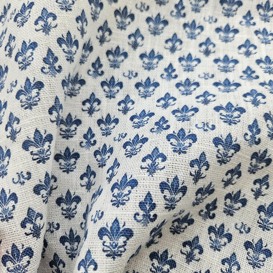 100% LINEN Fabric Fleur de lis print,  linen fabric with blue french print, heavy linen fabric for upholstery home decor 360