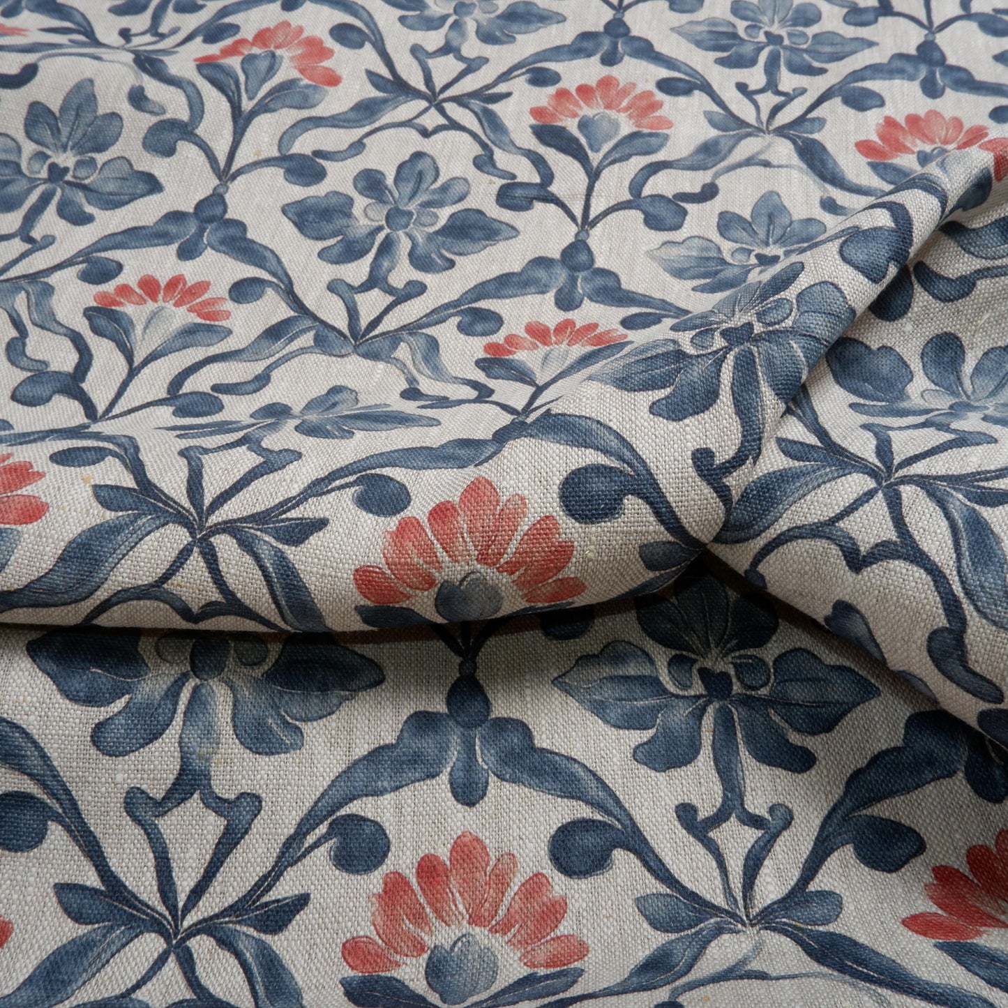 100% LINEN Fabric Portuguese Tile floral pattern on linen - floral botanical linen for upholstery home decor dressmaking clothing 2042