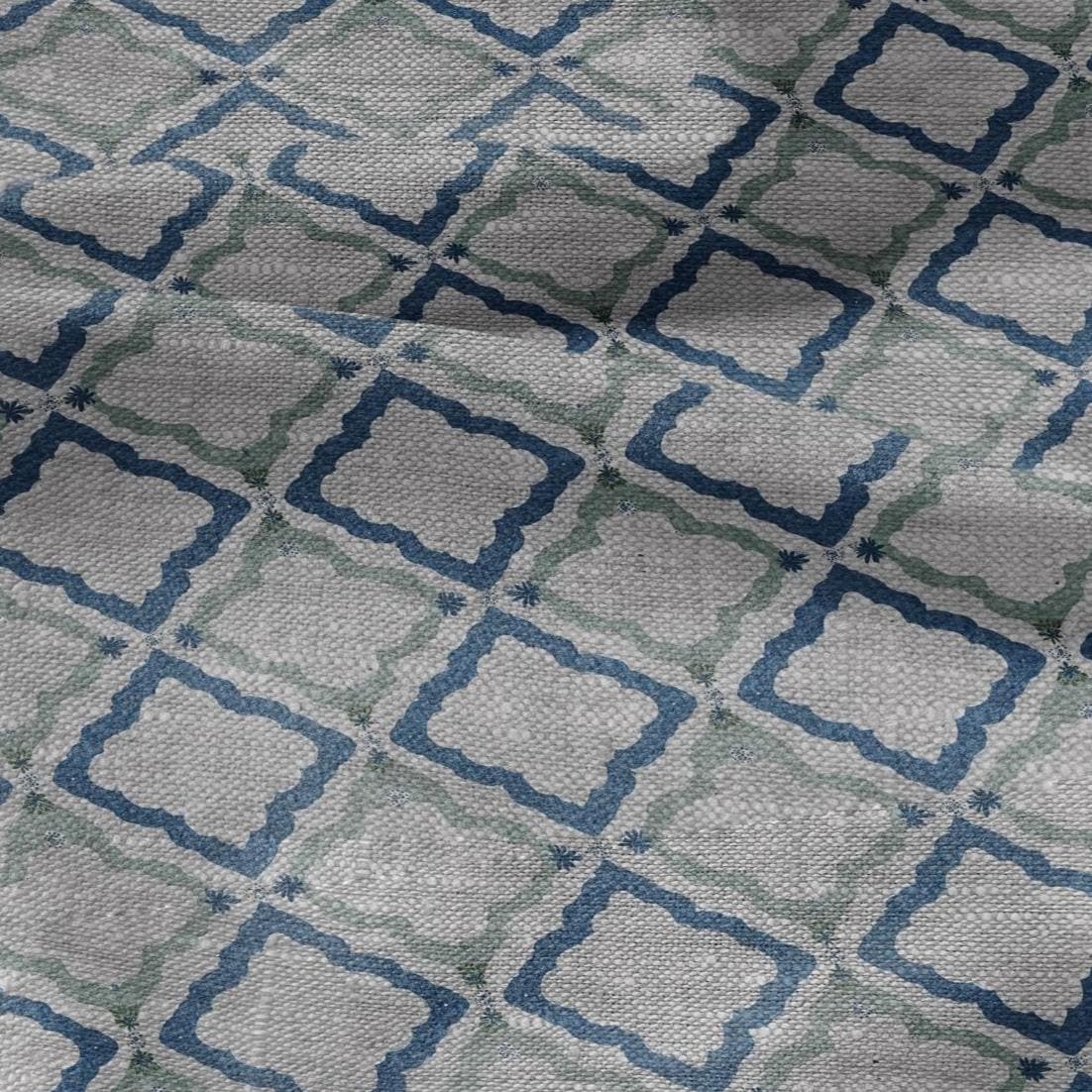 100% LINEN Fabric Green blue geometric print - oatmeal linen fabric floral botanical - heavy for home decor clothing 3087