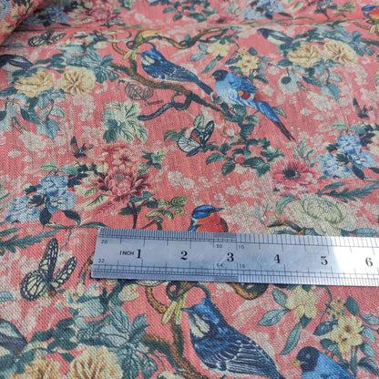 100% LINEN Fabric Toile de Jouy with flowers and birds, pink botanical print linen fabric for home decor upholstery