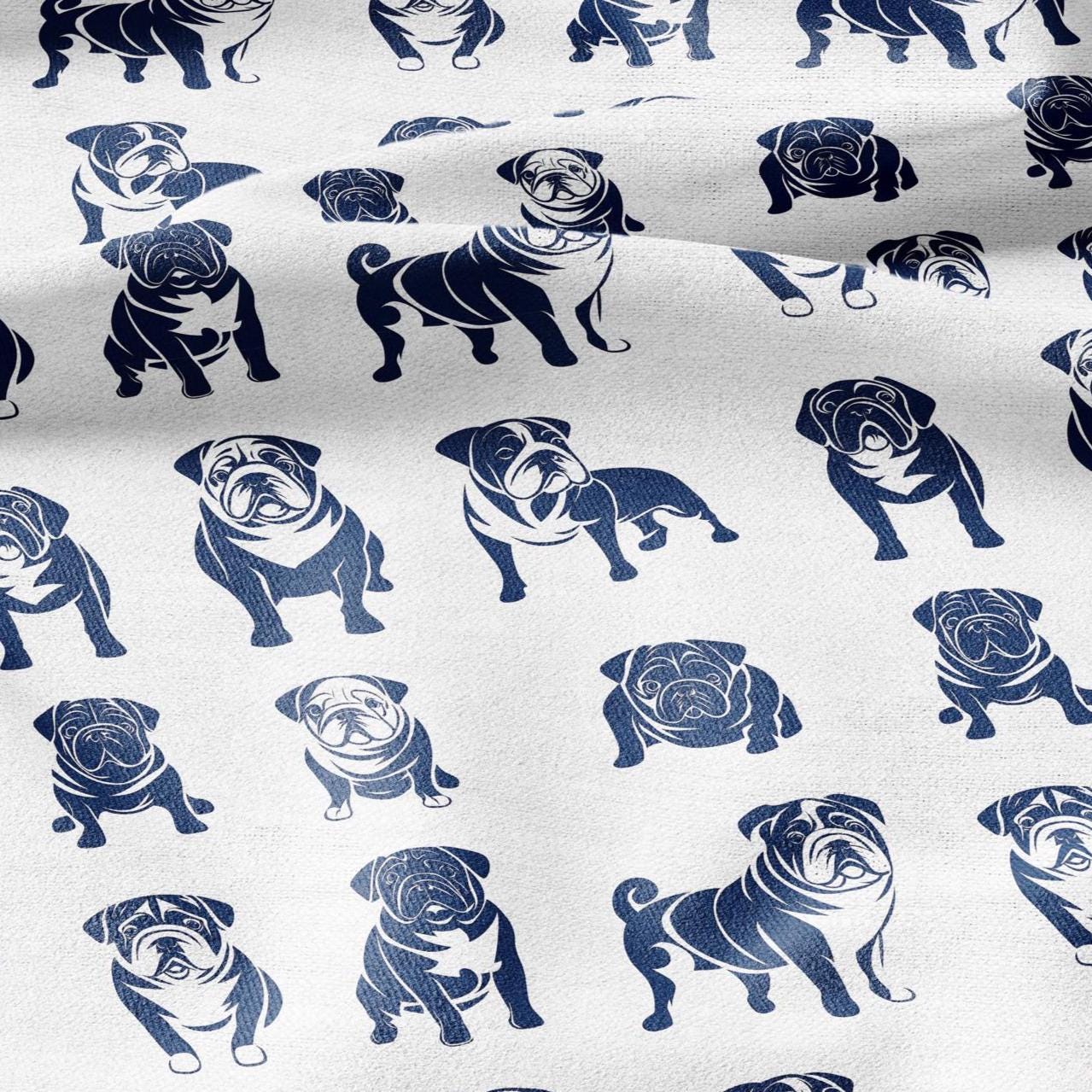 100% LINEN Fabric Block print Bulldog - animal dog upholstery home textile artisan fabrics navy blue white 2366