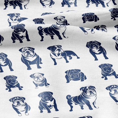 100% LINEN Fabric Block print Bulldog - animal dog upholstery home textile artisan fabrics navy blue white 2366