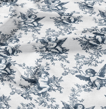 100% LINEN Fabric block print Cherub - oatmeal natur linen fabric with Angel print - heavy linen fabric for upholstery home decor
