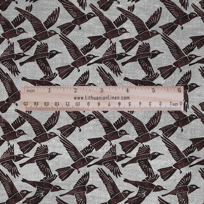 100% LINEN Fabric Swallow print -Birds brown on oatmeal linen - block print upholstery curtains dress making 2693