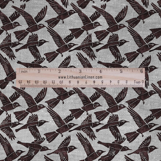 100% LINEN Fabric Swallow print -Birds brown on oatmeal linen - block print upholstery curtains dress making 2693