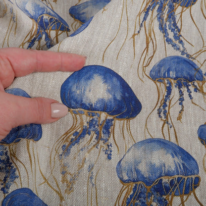 100% LINEN Fabric jellyfish Nautical print - oatmeal linen fabric with blue grey coastal print for upholstery home decor dressmaking