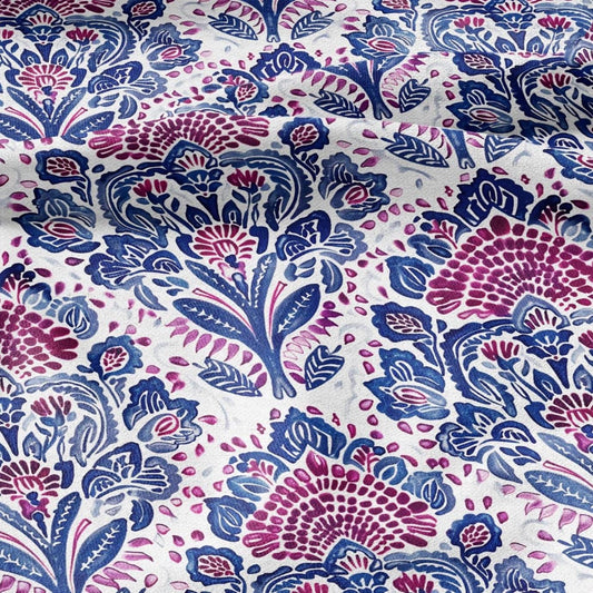 100% LINEN Fabric block print indigo blue red on white - floral print heavy linen fabric for upholstery home decor 2022