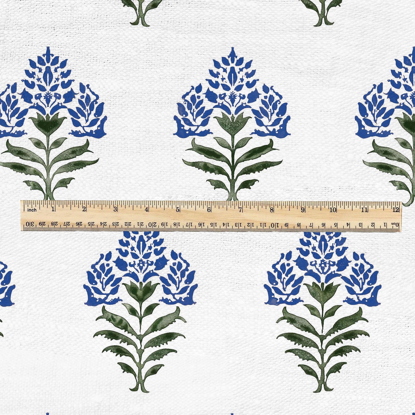 100% LINEN Fabric Block print Parijat flower - botanical upholstery home textile artisan fabrics blue green white 2755