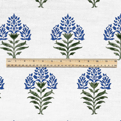 100% LINEN Fabric Block print Parijat flower - botanical upholstery home textile artisan fabrics blue green white 2755