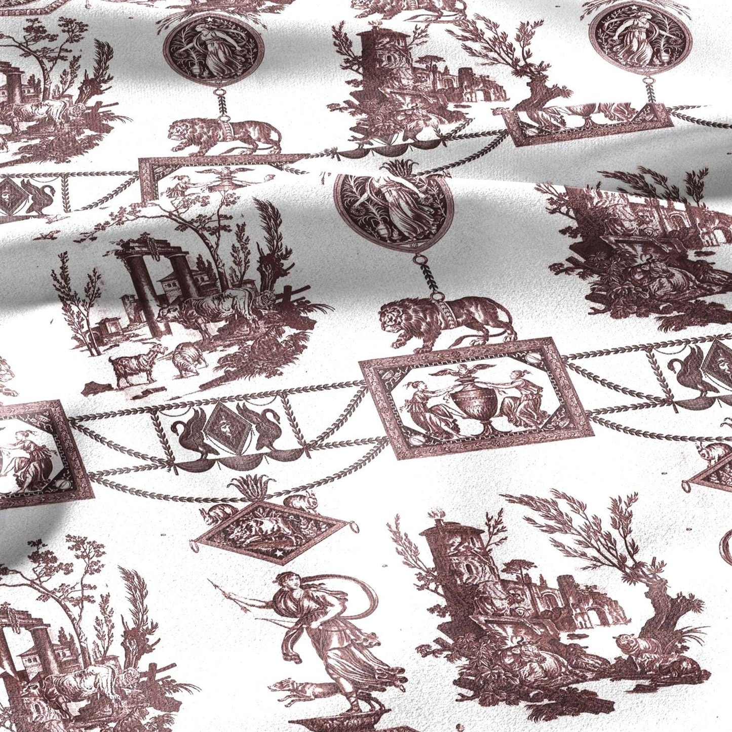 100% LINEN Fabric french red white print - Goddess Diana with Lion - toile de jouy - Diane chasseresse by Jean-Baptiste Huet 3419