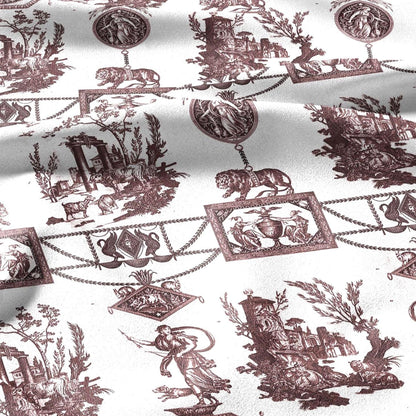 100% LINEN Fabric french red white print - Goddess Diana with Lion - toile de jouy - Diane chasseresse by Jean-Baptiste Huet 3419