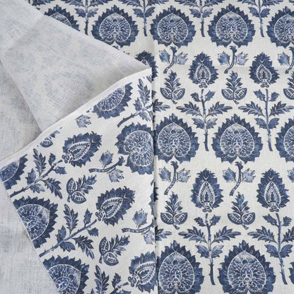 100% LINEN Fabric block print indigo blue on white - floral print heavy linen fabric for upholstery home decor sewing 2009