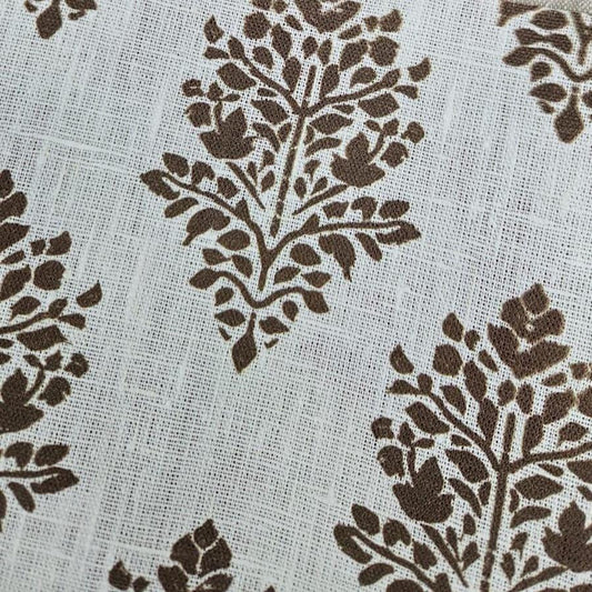 100% LINEN Fabric block print bron on white linen,  botanical fabric with brown indian block print on linen for home decor upholstery