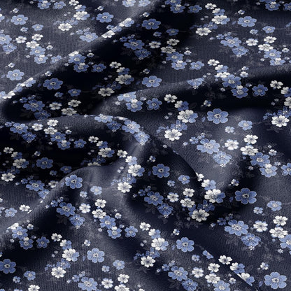 100% LINEN Fabric Japanes blue floral print on white linen - indigo flower on flax fabric for uphlstery heavy / medium for clothing 2579