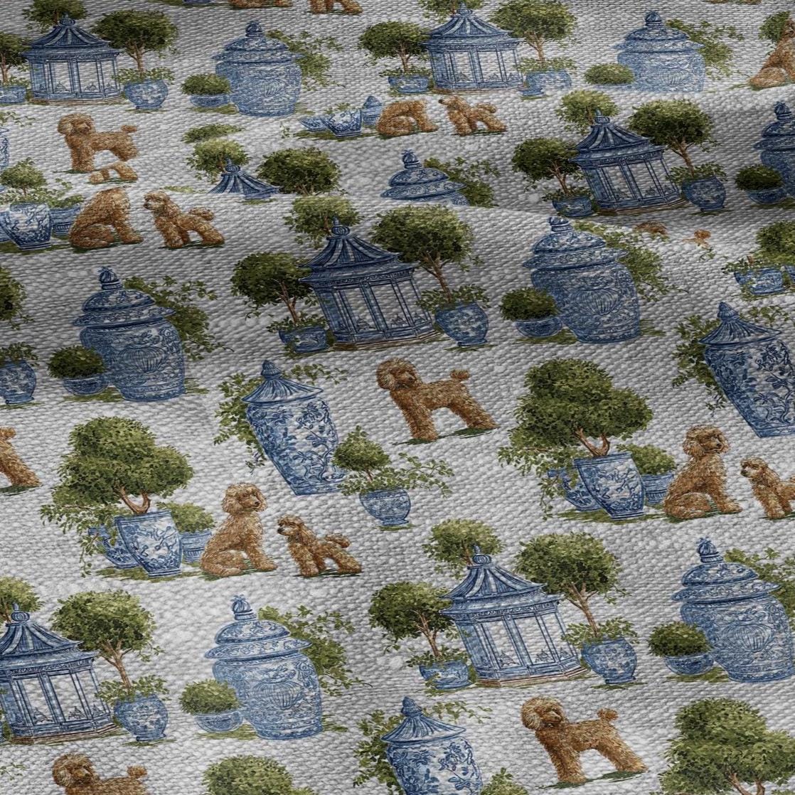 100% LINEN Fabric Puddel print - oatmeal linen fabric with botanical print - chinoiserie garden tropical 3348