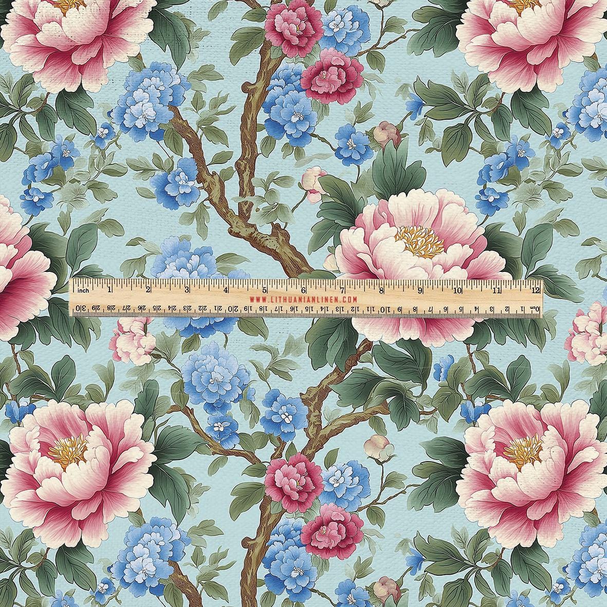 100% LINEN Fabric UPHOLSTERY 12oz - Chinoiserie peony floral print on linen blossom 2282