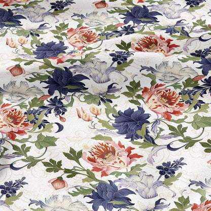 100% LINEN Fabric floral print - Grandmillennial - dahlias Modern vintage flower upholstery curtains dress making 2779