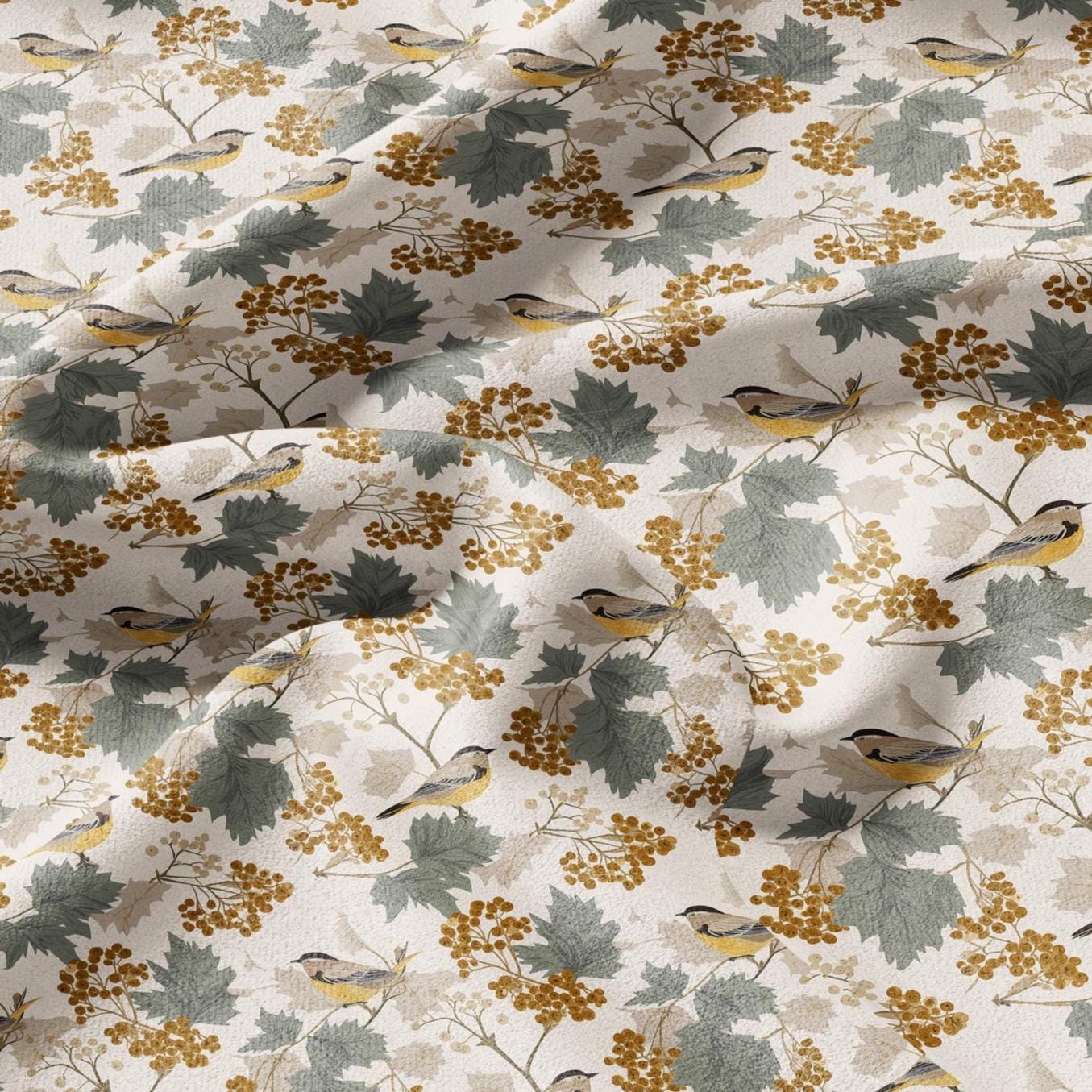100% LINEN Fabric Autum yellow birds linen - floral fabric for upholstery home decor dress making 3010