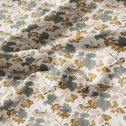 100% LINEN Fabric Autum yellow birds linen - floral fabric for upholstery home decor dress making 3010
