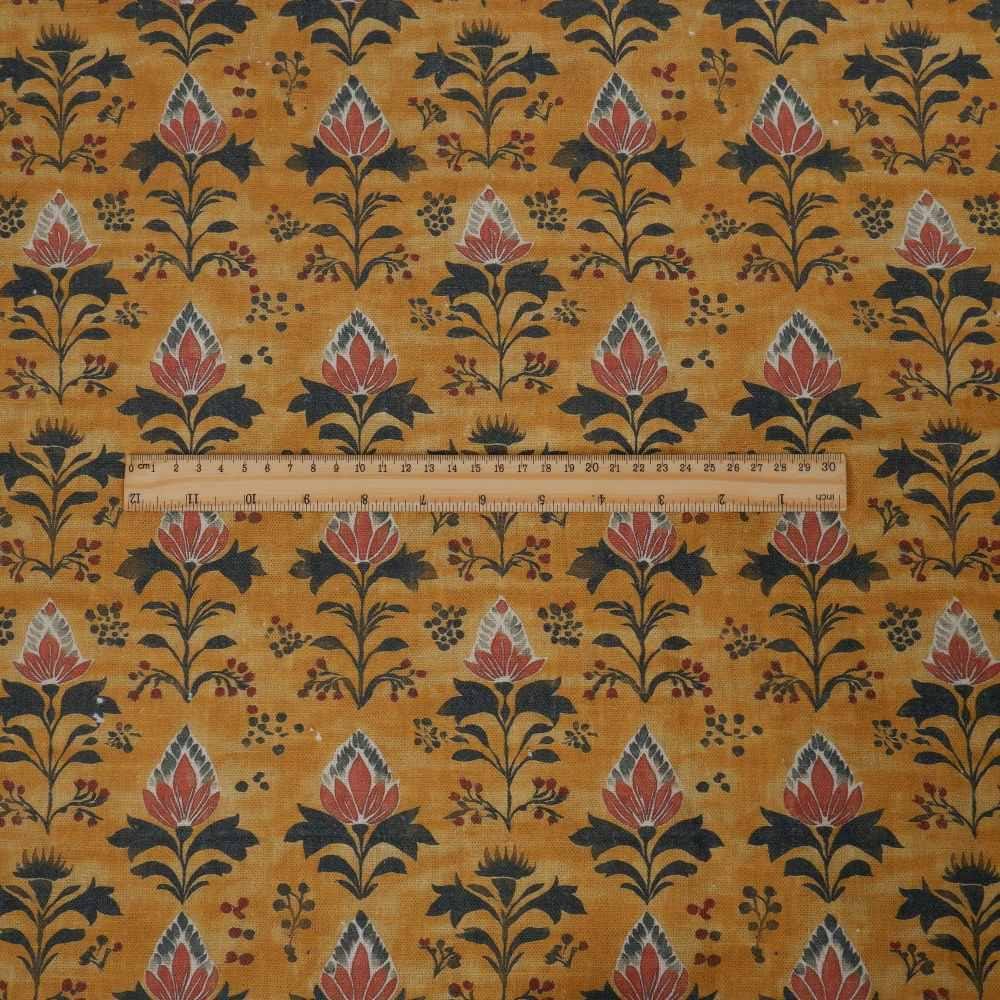 100% LINEN Fabric block print in mustard yellow - linen fabric floral print - light upholstery home decor dressmaking sewing 2079