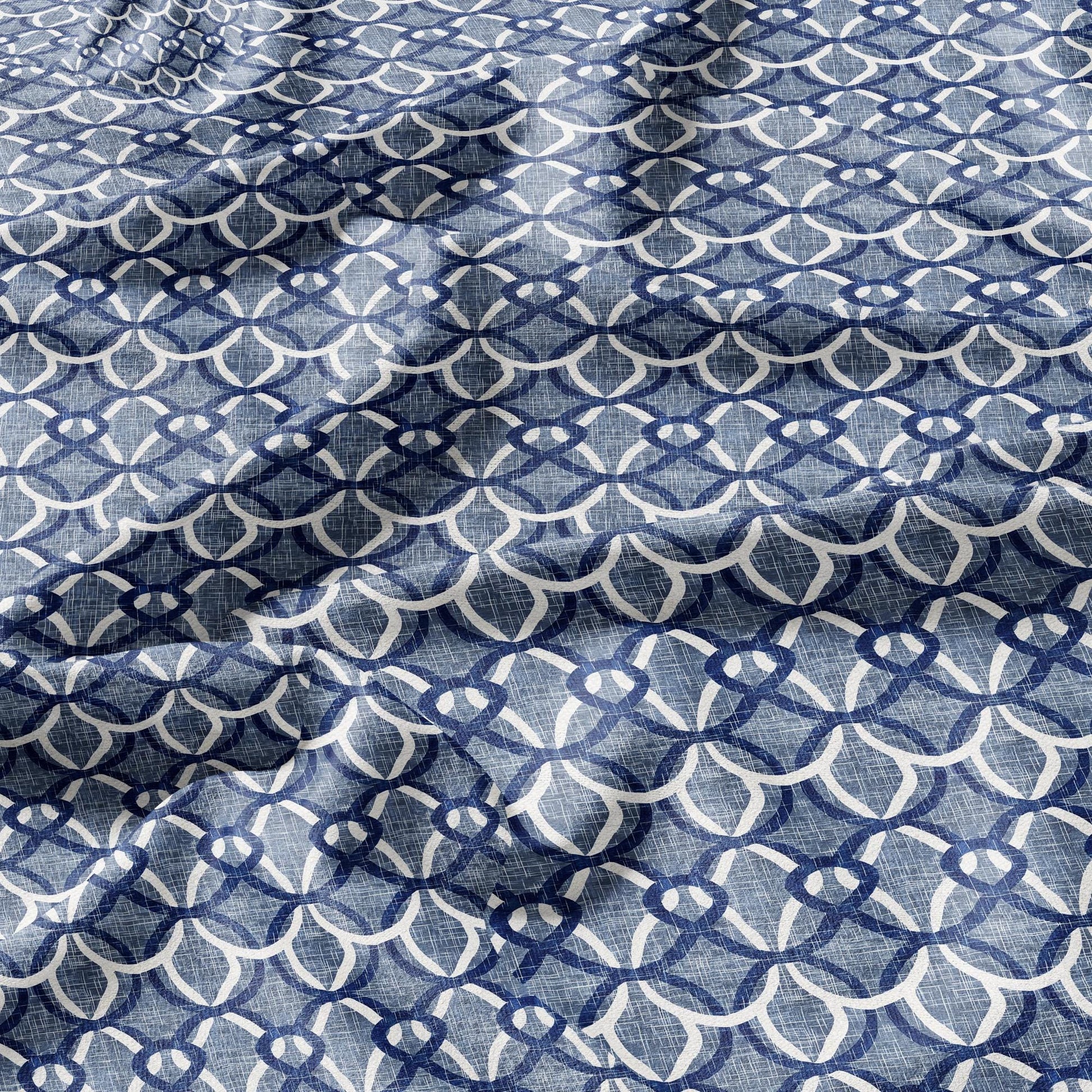 100% LINEN Fabric  Abstract indigo blue Ropes - Oriental blue print on linen fabric for upholstery curtains dress making Knot