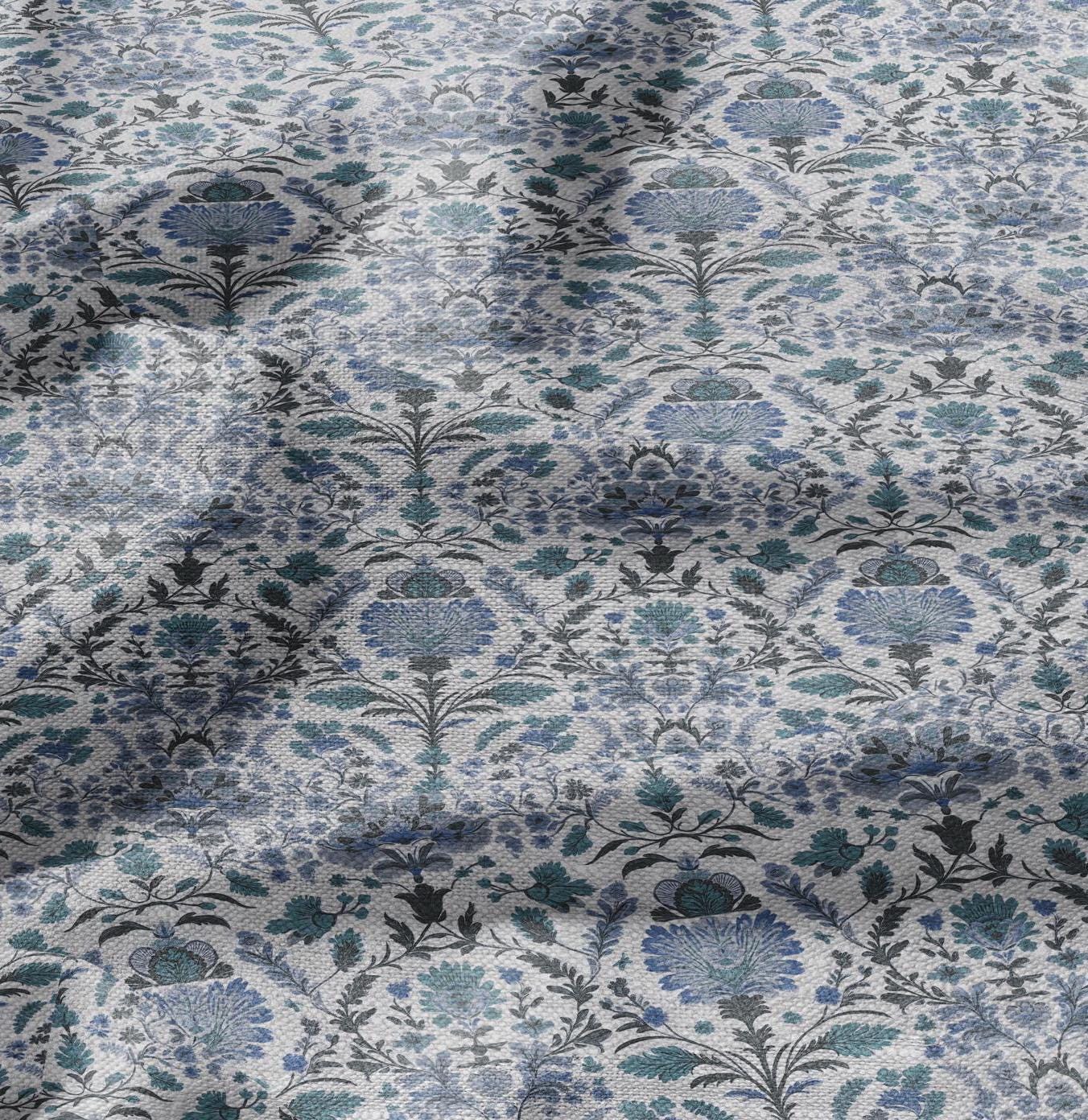 100% LINEN Fabric block print pale blue on white - floral linen Fabric LithuanianLinen for upholstery dressmaking curtains home textile