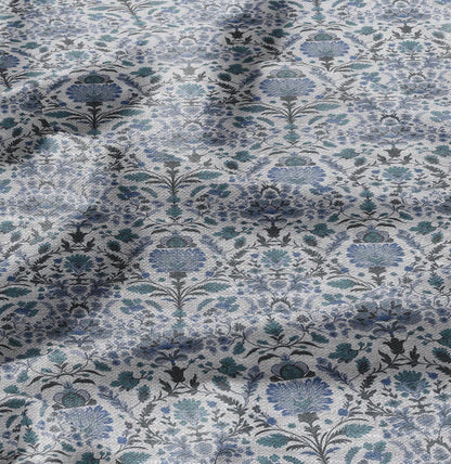 100% LINEN Fabric block print pale blue on white - floral linen Fabric LithuanianLinen for upholstery dressmaking curtains home textile