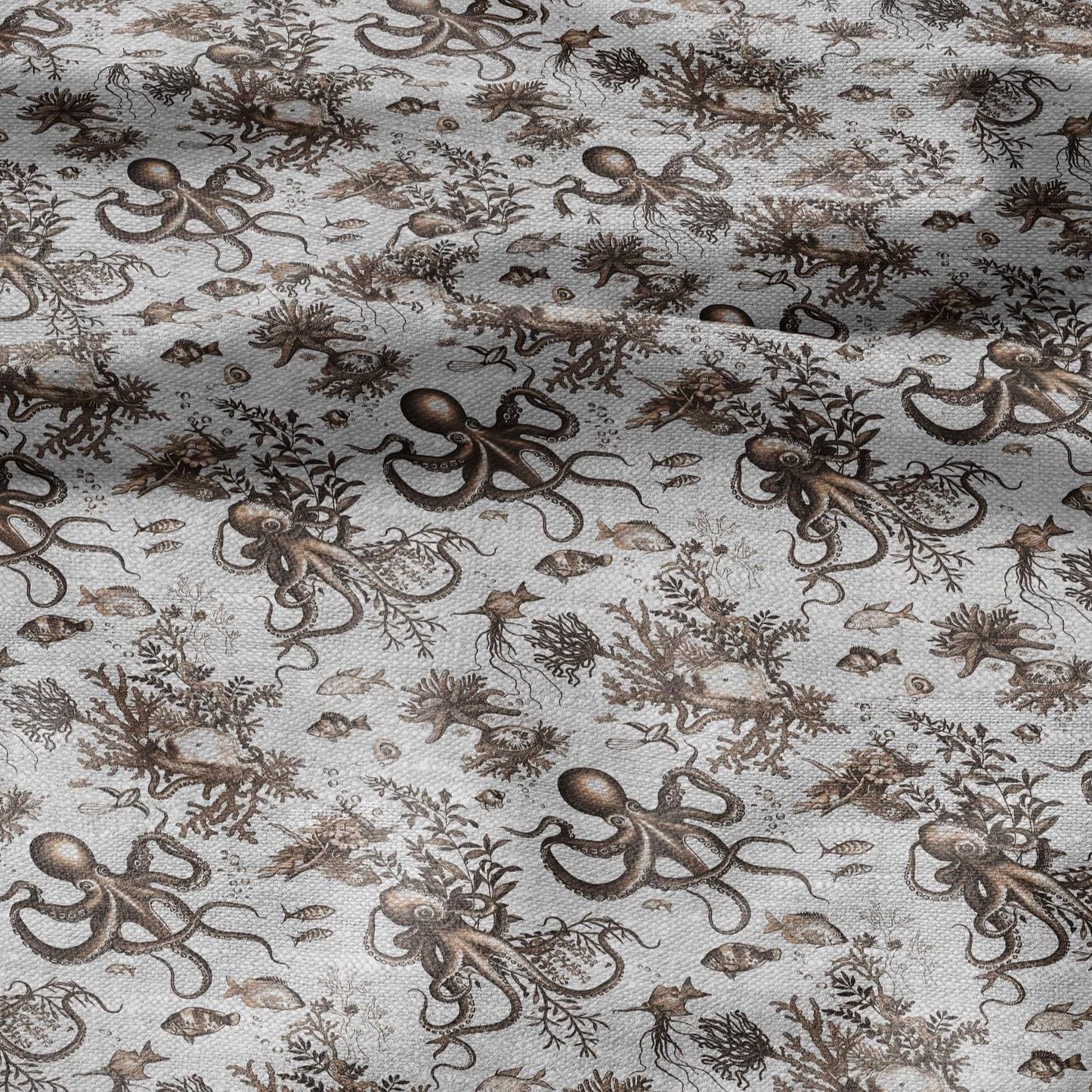 100% LINEN Fabric toile de jouy OCTOPUS Nautical print - sepia on oatmeal linen -  coastal print for upholstery home decor clothing 306S