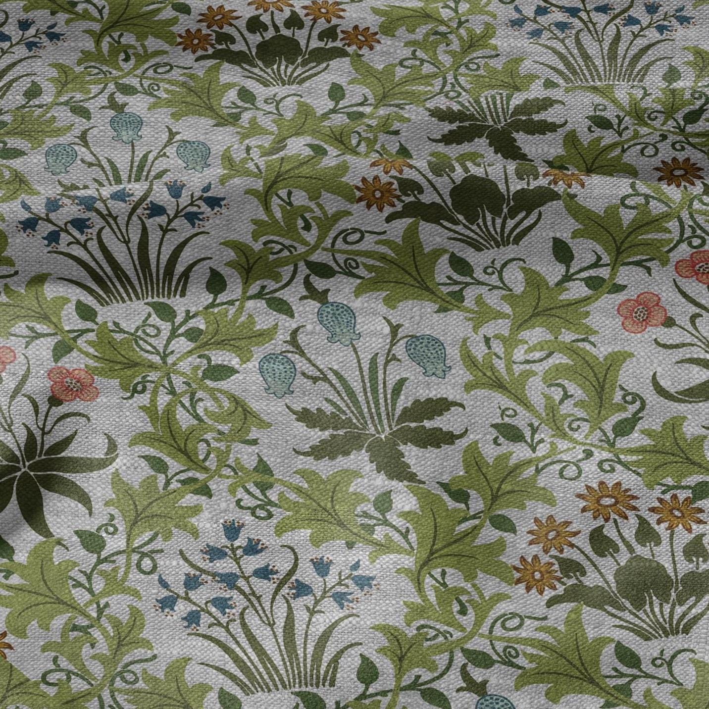 100% LINEN Fabric William Morris print Celandine - botanical green gray floral on oatmeal linen - modern vintage 3161