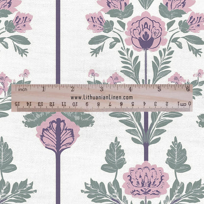 100% LINEN Fabric oriental print - preppy pink green white floral block print - upholstery home decor clothing sewing 2861