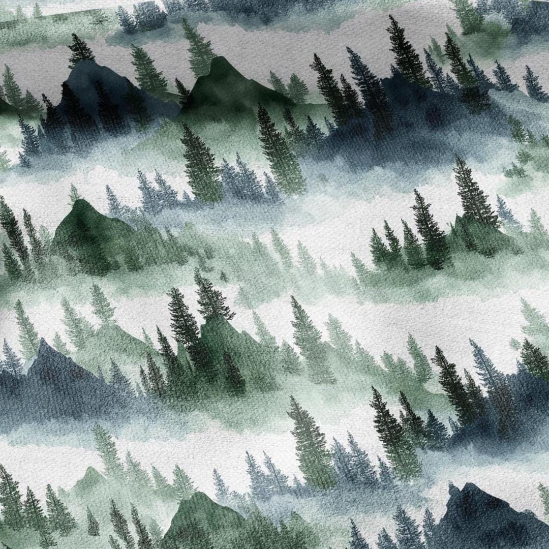 100% LINEN Fabric Forest scenery - landscape fabric with green fir print - heavy linen fabric for upholstery home decor 2807