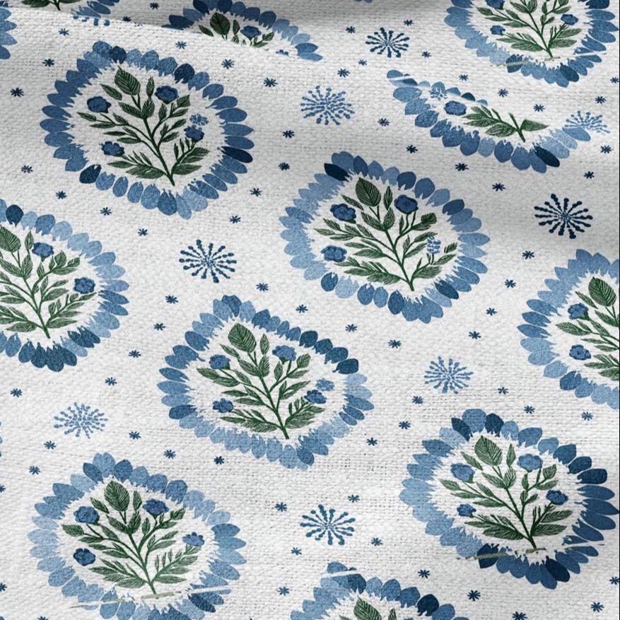 100% LINEN Fabric Block print Floral - modern vintage botanical flower upholstery home textile artisan green blue white 2762