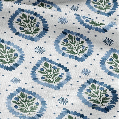 100% LINEN Fabric Block print Floral - modern vintage botanical flower upholstery home textile artisan green blue white 2762