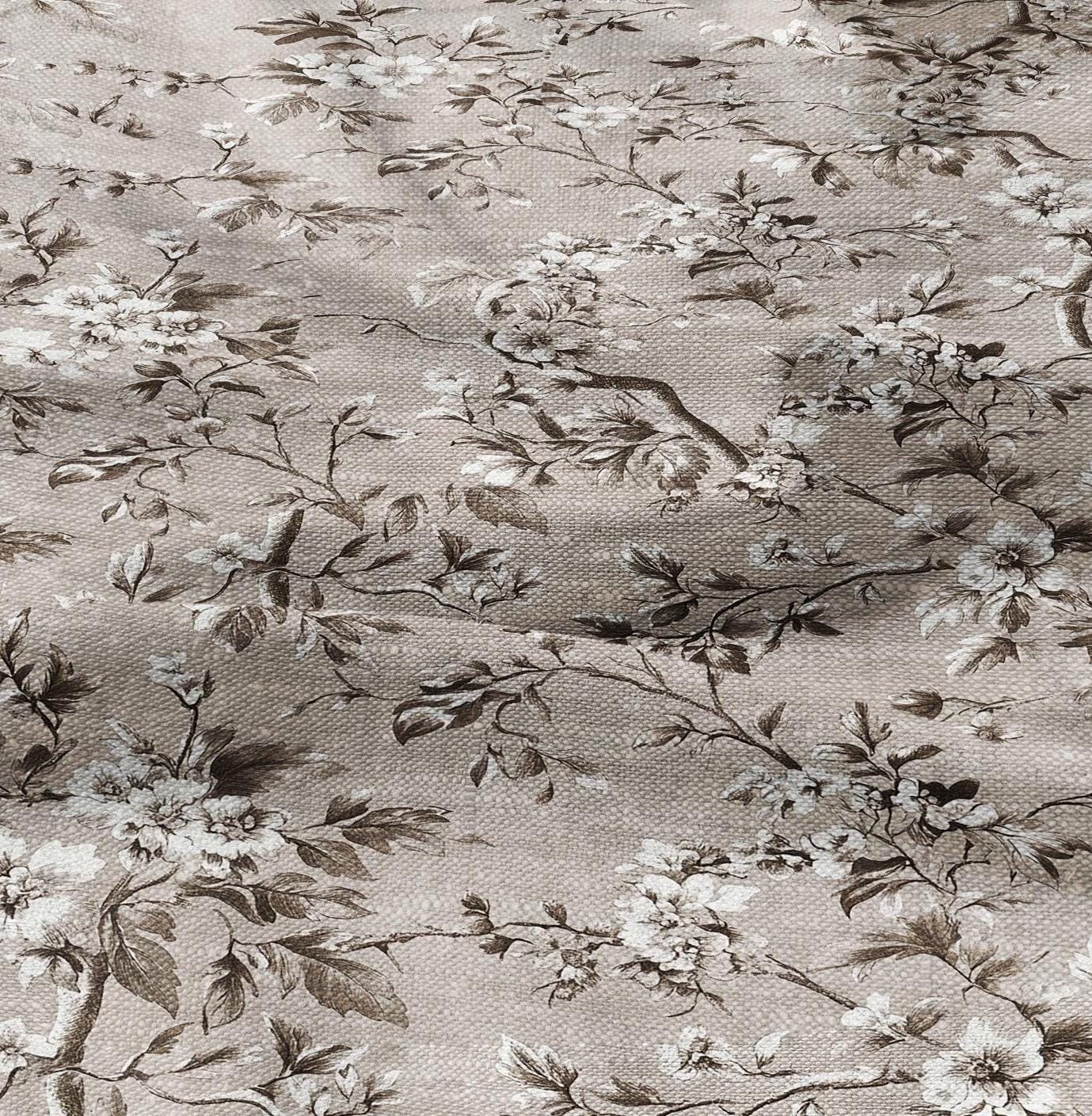 100% LINEN Fabric Toile de Jouy in beige brown, botanical flax fabric with French country Provence print for upholstery dressmaking clothing