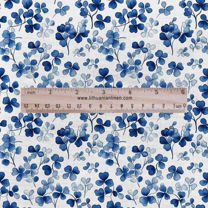 100% LINEN Fabric Blue Clover print - modern floral contemporary print on linen fabric upholstery dress making curtains