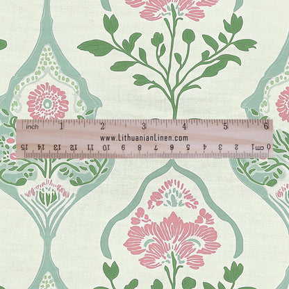 100% LINEN Fabric oriental print - preppy pink green floral block print - 2585 - upholstery home decor clothing sewing