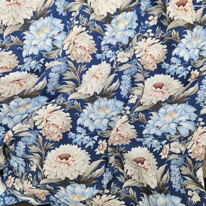 100% LINEN Fabric blue floral DAHLIAS, white blue botanical fabric with floral print, indian block print on linen linen 2578