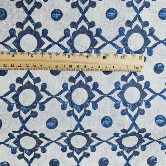 100% LINEN Fabric block print indigo blue on white - linen fabric with blue floral print  heavy linen fabric for upholstery home decor