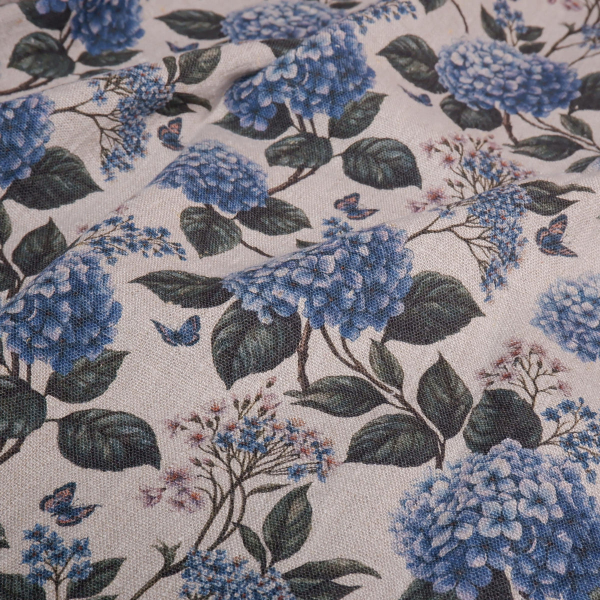 100% LINEN Fabric print Blue Hydrangea -  floral botanical print - heavy for upholstery home decor clothing 3726