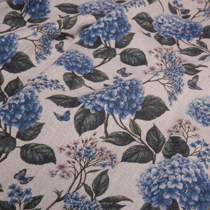 100% LINEN Fabric print Blue Hydrangea -  floral botanical print - heavy for upholstery home decor clothing 3726