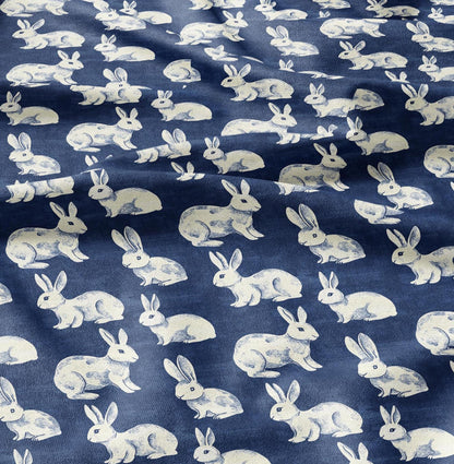100% LINEN Fabric Rabbit indigo blue  print - bunny linen fabric with blue coastal print for upholstery home decor