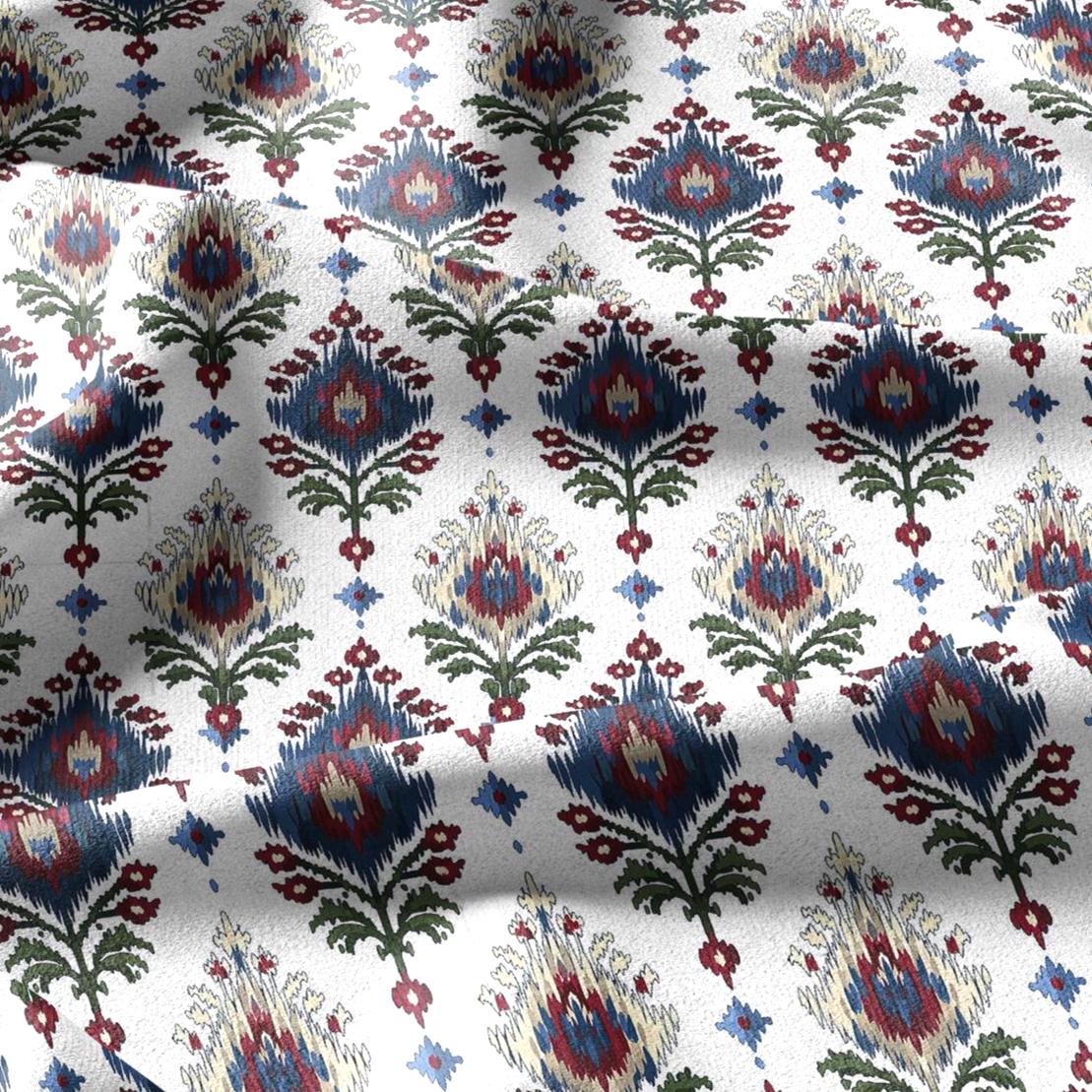 100% linen fabric Ikat red blue green white print - Vintage flower abstract  botanical - modern vintage 3407