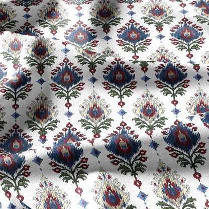 100% linen fabric Ikat red blue green white print - Vintage flower abstract  botanical - modern vintage 3407