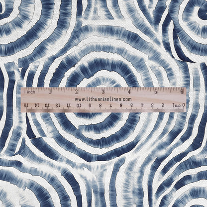 100% LINEN Fabric blue shibori squirl print on white linen - indigoblue flax fabric for uphlstery heavy / medium for clothing 2576