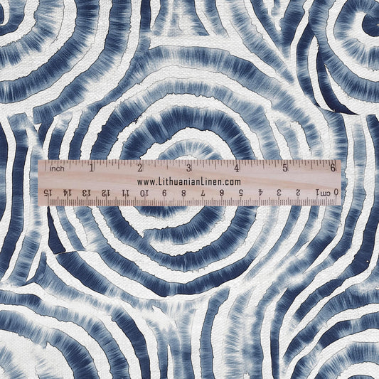 100% LINEN Fabric blue shibori squirl print on white linen - indigoblue flax fabric for uphlstery heavy / medium for clothing 2576