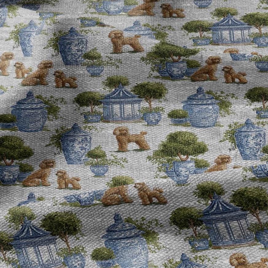 100% LINEN Fabric Puddel print - oatmeal linen fabric with botanical print - chinoiserie garden tropical 3348