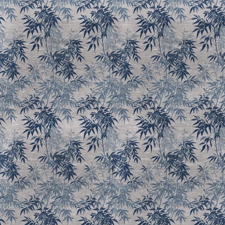 100% LINEN Fabric Bamboo blue print - botanical floral on oatmeal linen - chinoiserie modern vintage 3050