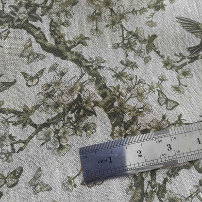 100% LINEN Fabric Toile de Jouy green, oatmeal natur linen fabric with green print, French linen fabric upholstery trees branches with birds