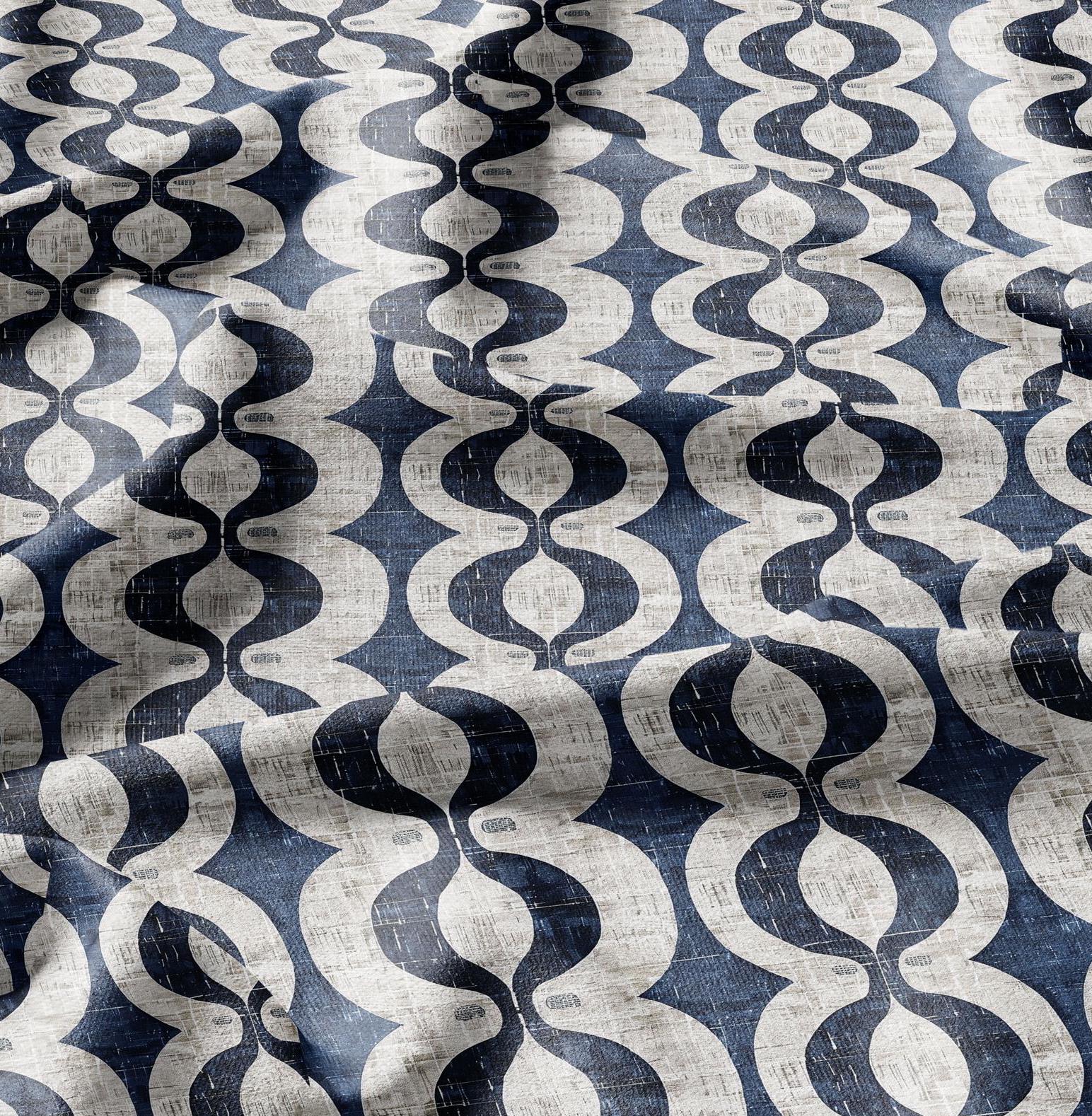 100% LINEN Fabric stripe squirl print linen - blue linen botanical fabric for upholstery home decor dress making