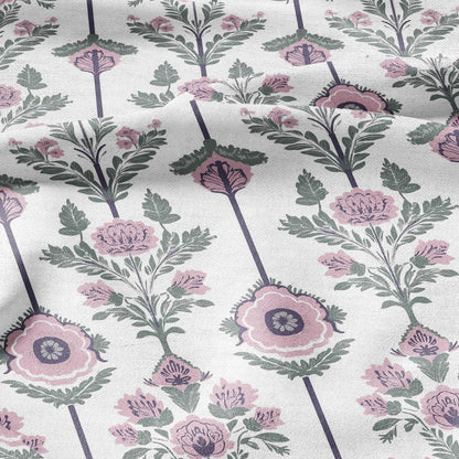 100% LINEN Fabric oriental print - preppy pink green white floral block print - upholstery home decor clothing sewing 2861